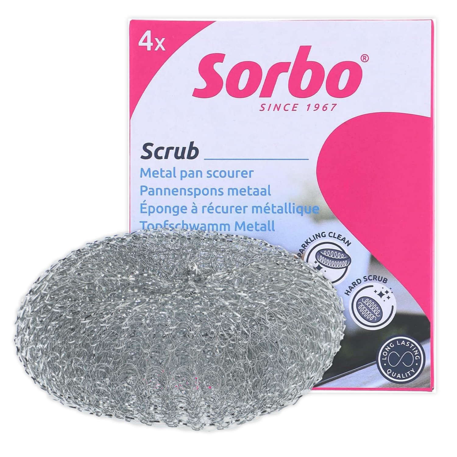 Sorbo Metal Pan Scourers - Heavy-Duty Steel Wool Pads for Tough Grease | 4 Pack