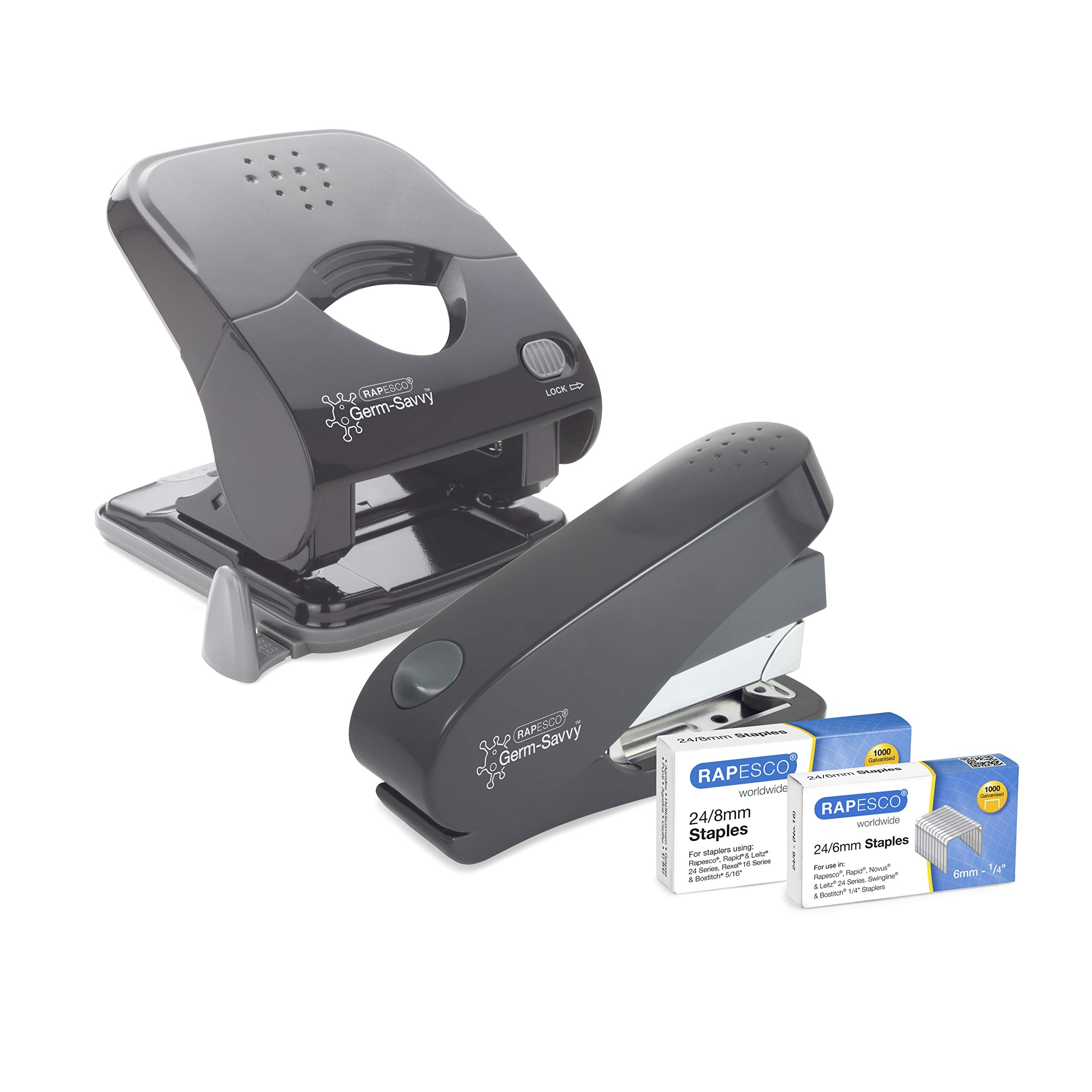 RAPESCO 1633 Germ-Savvy Antibacterial ECO Luna Less Effort Stapler & ECO X Hole Punch Set