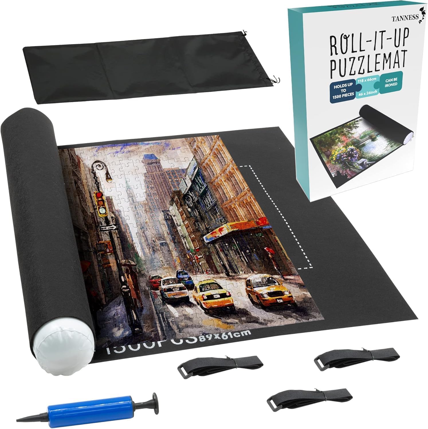TANNESS Jigsaw Puzzle Mat - Roll-Up Storage for Up to 1500 Pieces | Black Felt, 118cm x 118cm 1