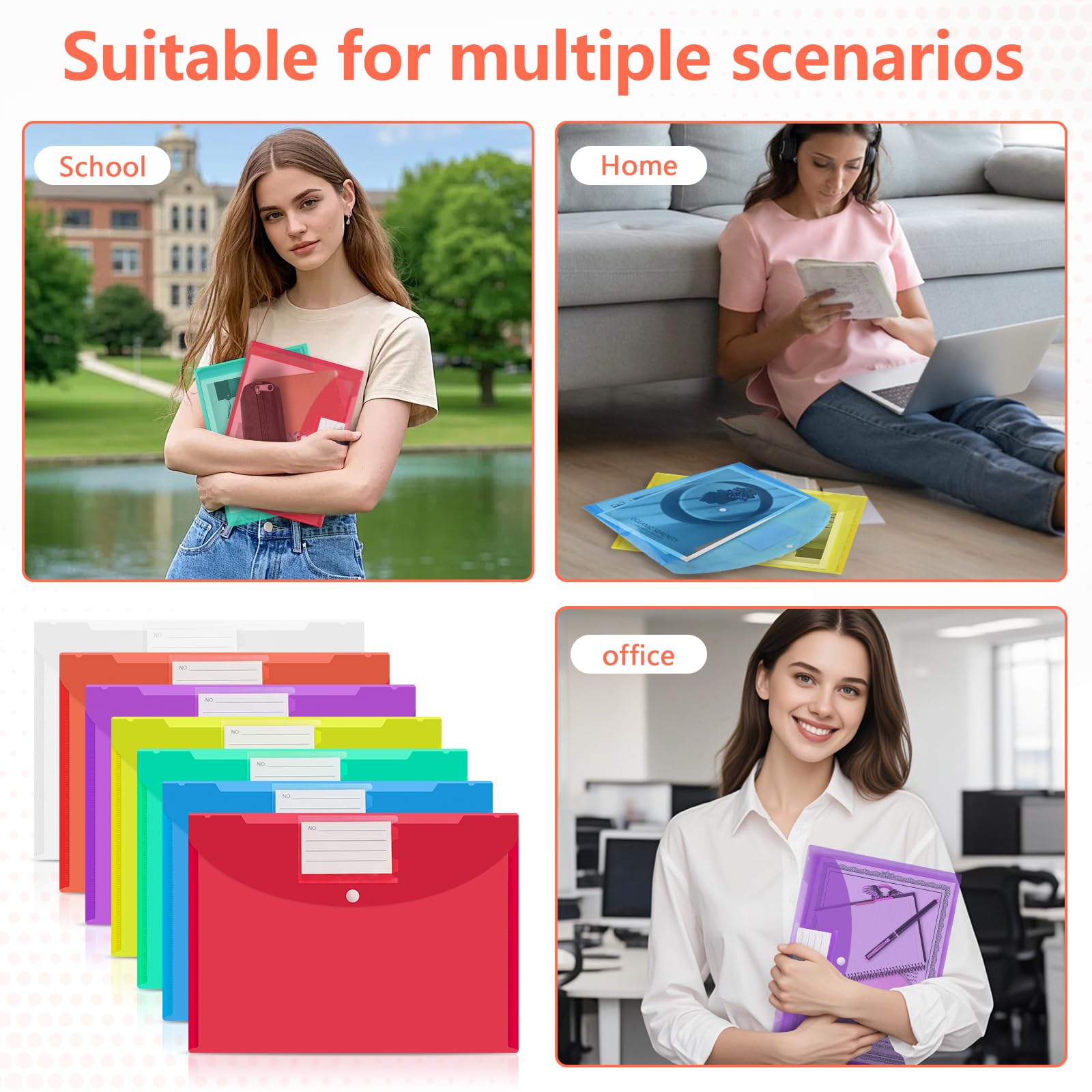 MOXYOY Plastic Wallets A4, 7PCS, Waterproof Document Folders with Label Pocket and Press-Stud Closure 7