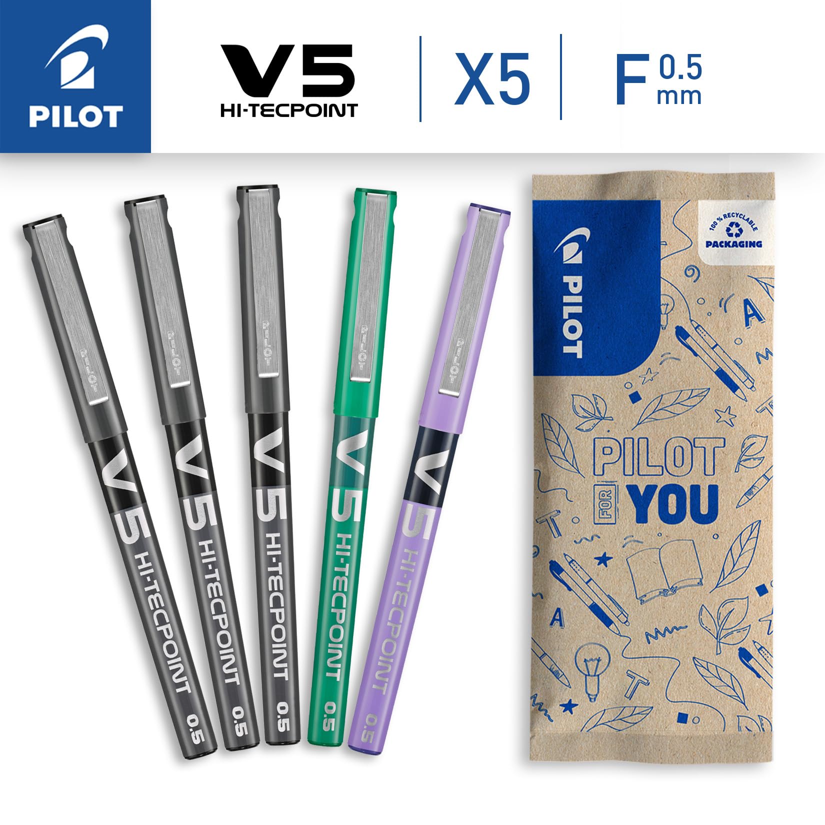 PILOT V5 Liquid Ink Rollerball Pen Set - Smooth Skip-Free Writing | 0.5mm Fine Tip | Black, Green, Purple 2