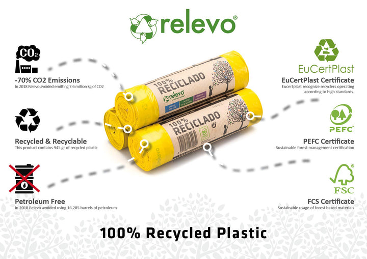 Relevo 30L Yellow Drawstring Bin Bags – 45 Units, 55 cm x 60 cm, Made from 100% Recycled Material