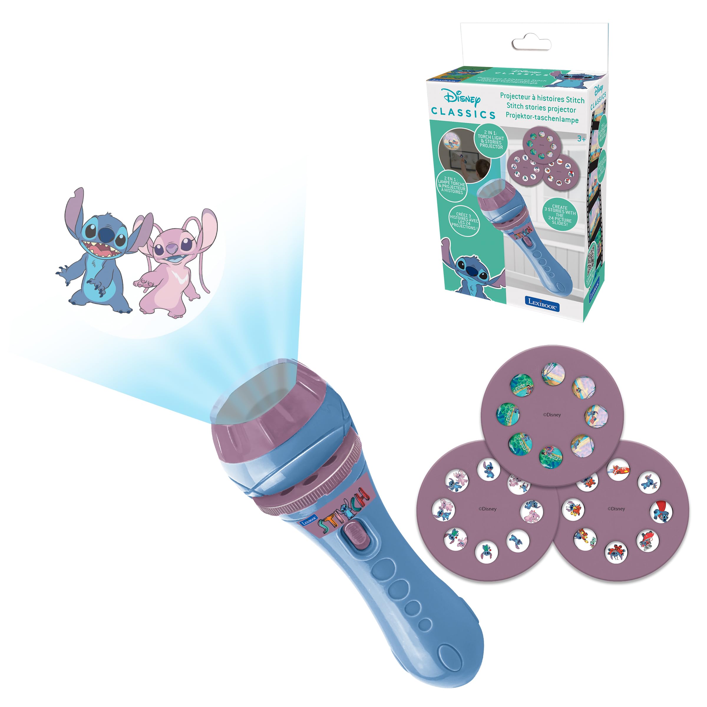 Lexibook Disney Stitch 2-in-1 Torch Light & Projector with 3 Discs - 24 Images for Storytelling, Blue 1