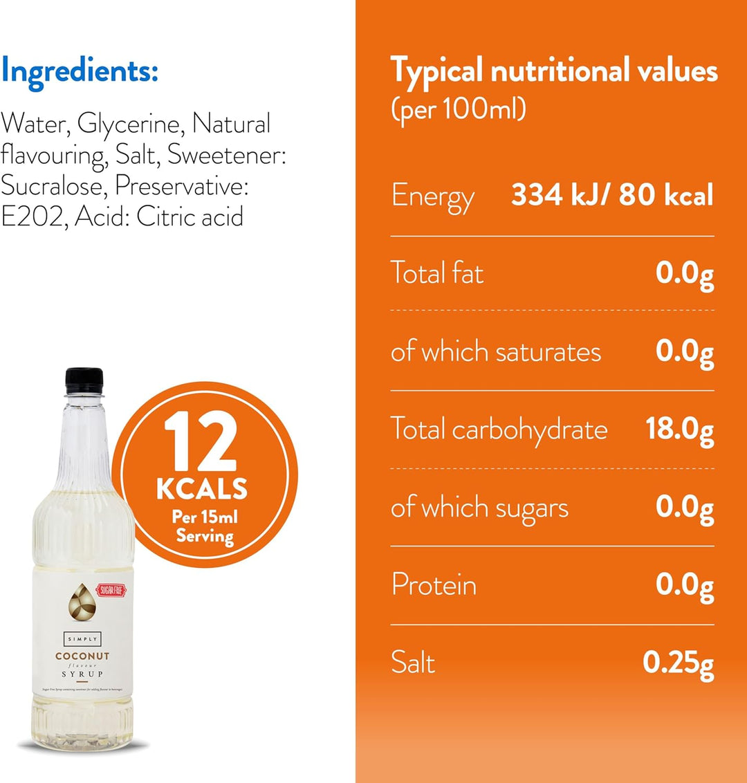 Simply Sugar Free Coconut Syrup - Low Calorie, Vegan & Nut Free Flavoured Syrup