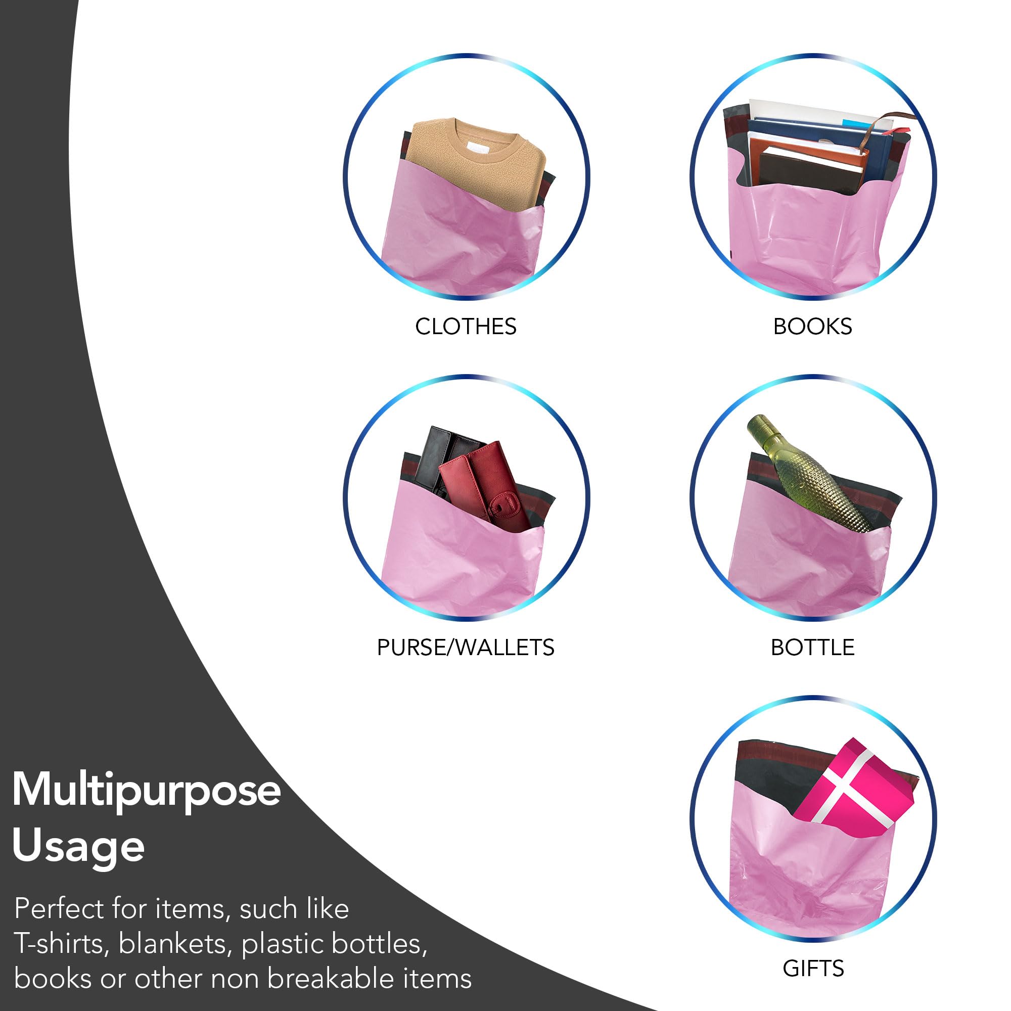 iSOUL 125 Pink Poly Mail Bags - 5 Assorted Sizes (4.5x7 to 12x16 in) | Self-Seal 5