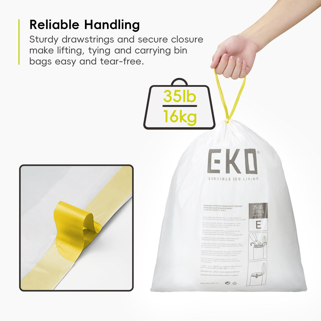 EKO Extra Strong Drawstring Bin Liners for 25-35L Kitchen Bins - 12 Bags, White