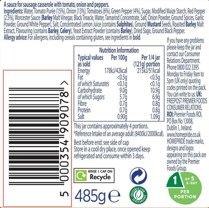Homepride Sausage Casserole Oven Bake Cooking Sauce - Low in Saturated Fat, Vegetarian, 485g