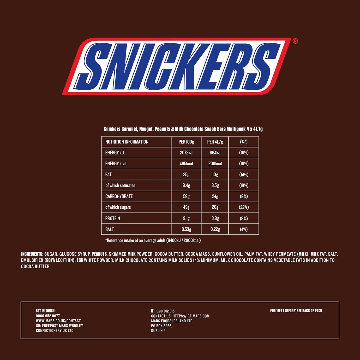 Snickers Chocolate Bars Multipack, 4 Pack of Milk Chocolate Snacks with Peanuts, Caramel & Nougat 10