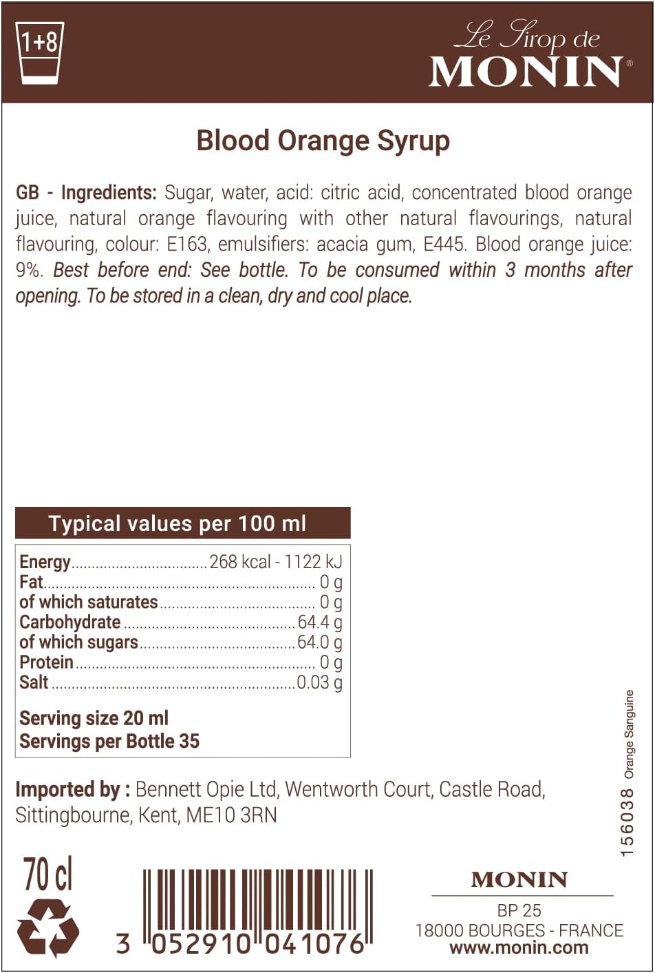 MONIN Blood Orange Syrup 700ml - Vegan, Natural Flavouring for Cocktails, Mocktails & Beverages