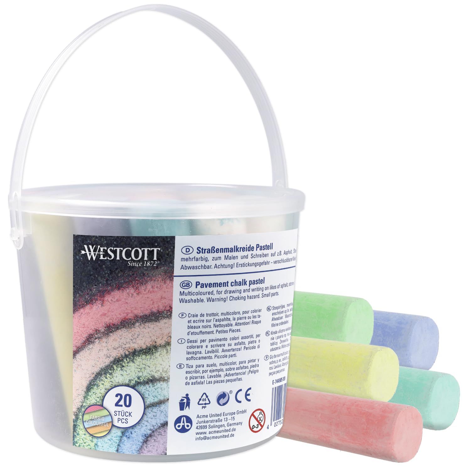 Westcott Pavement Chalk - 20 Colorful Pastel Pieces in Carrying Bucket | Non-Toxic, Washable