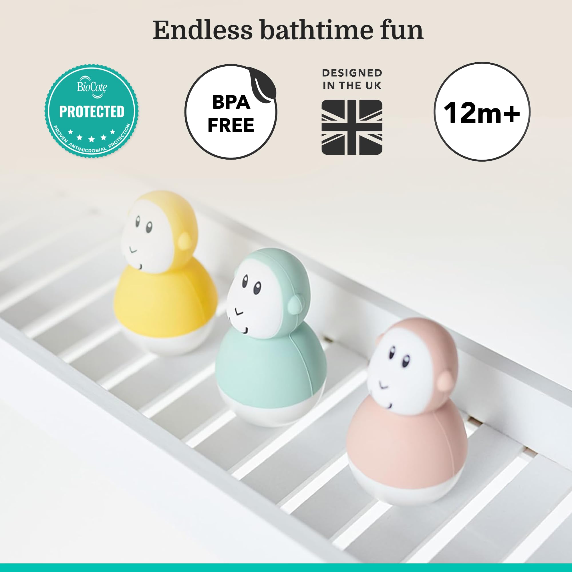 Matchstick Monkey Bathtime Wobblers - Antimicrobial Protection | Mint Green & Dusty Pink Set 3