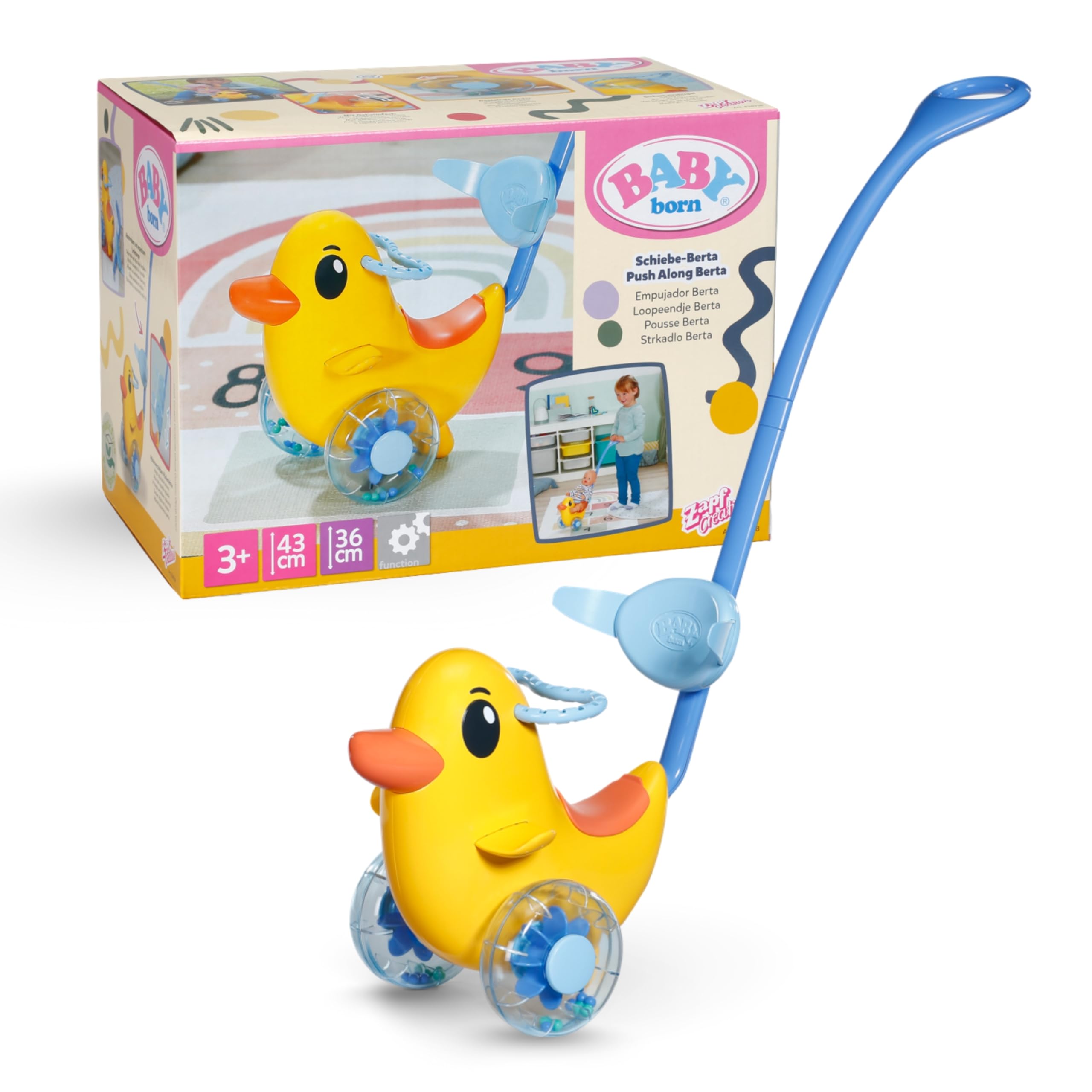 BABY born Push-Along Berta Doll Ride-On Toy | Adjustable Handlebar | Rattling Wheels | For 36cm & 43cm Dolls