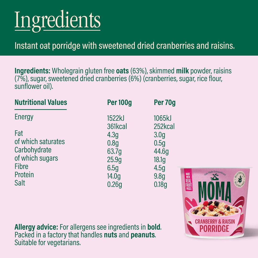 MOMA Instant Porridge Pots Cranberry & Raisin - 70g - Gluten Free, High Fibre, Source of Protein, Rich in Vitamin B6