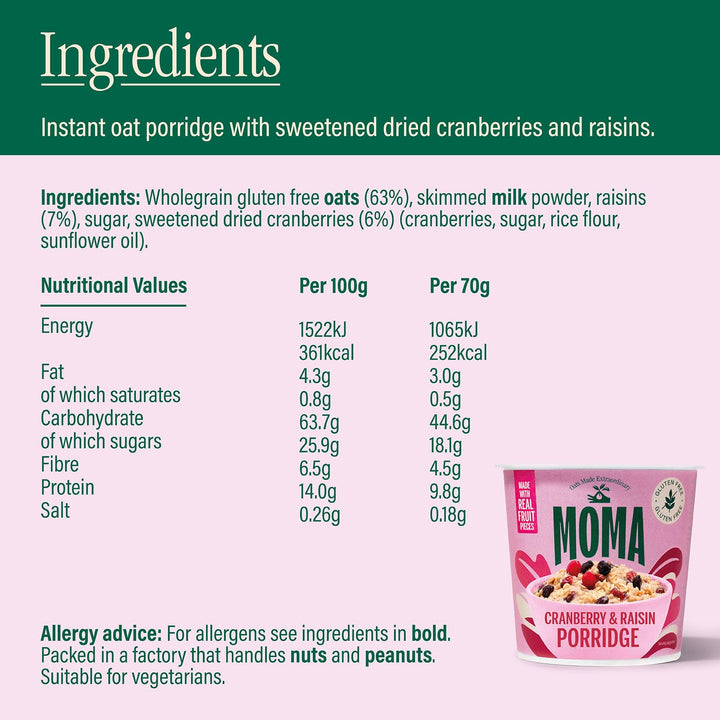 MOMA Instant Porridge Pots Cranberry & Raisin - 70g - Gluten Free, High Fibre, Source of Protein, Rich in Vitamin B6