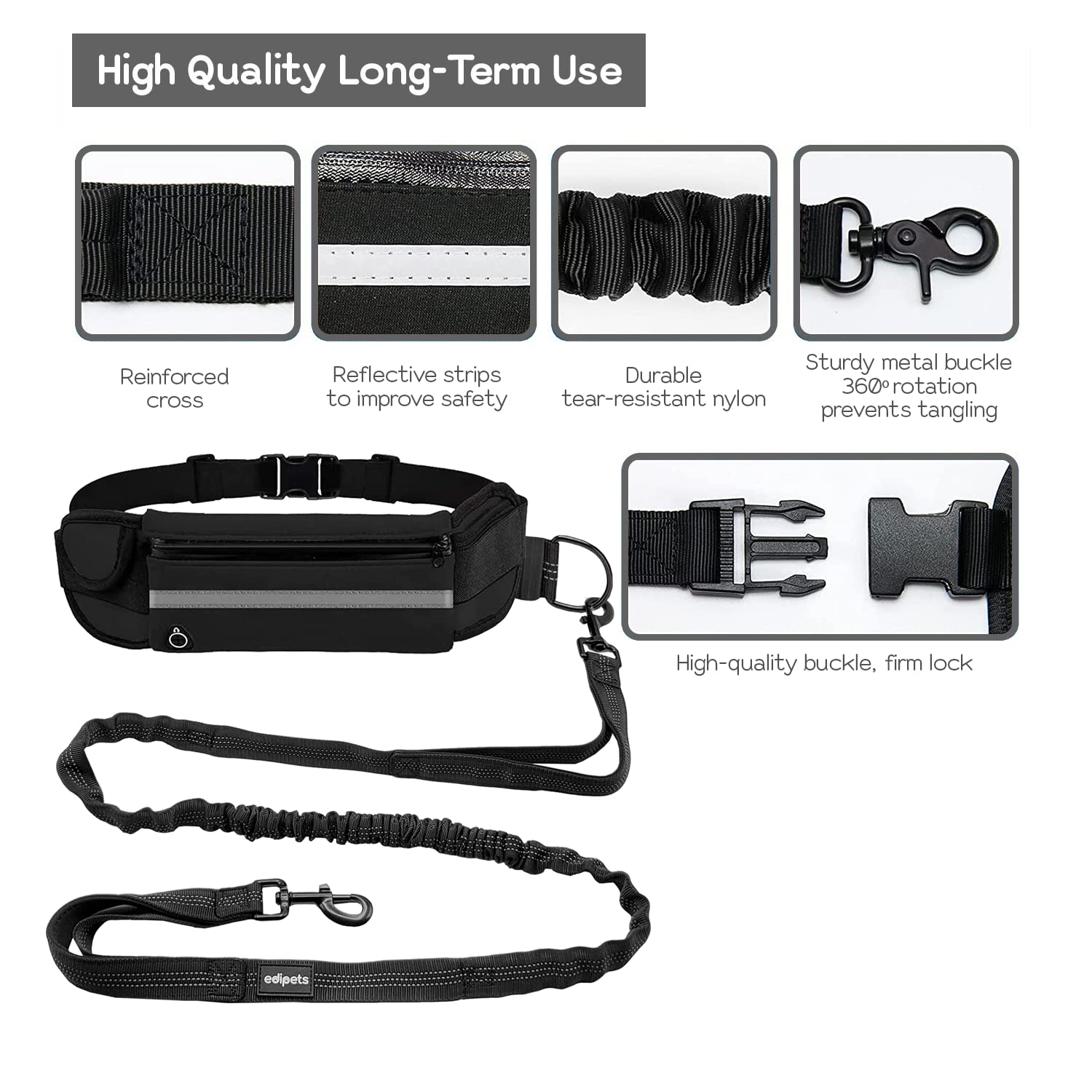 Edipets Hands Free Dog Running Lead - Waist Belt, Anti-Strain, Reflective, 1.6 Meters 2