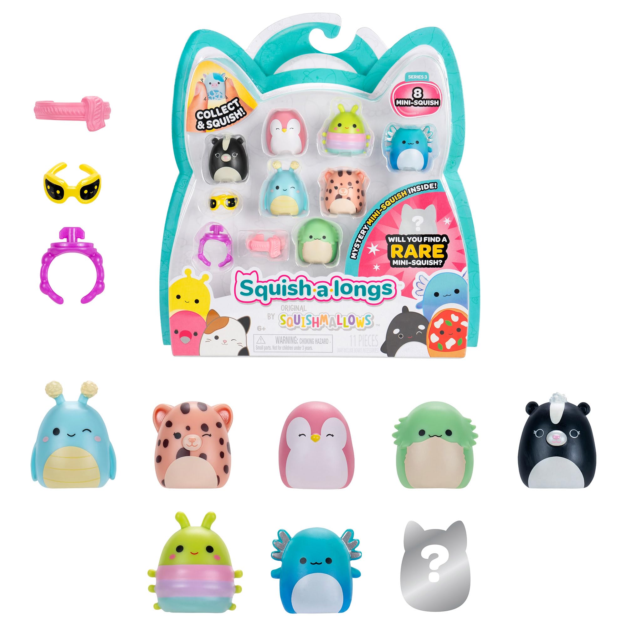 Squish-a-longs Mini-Squish 8-Pack Wave 3 - Skunk, Pink Penguin, Axolotl, Bearded Dragon, Grasshopper, Cheetah, Caterpillar, Mystery Chase 1
