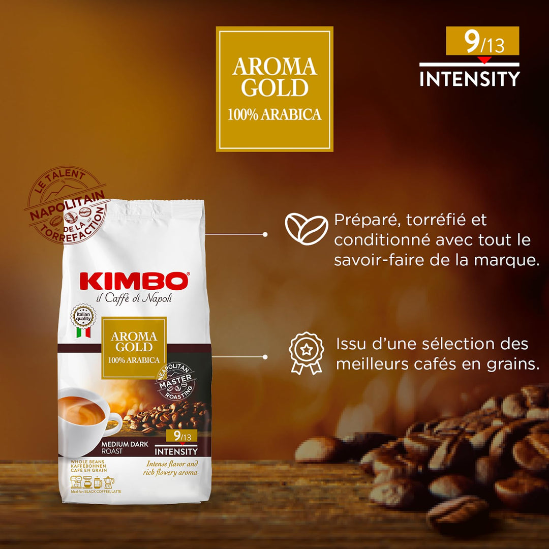 Kimbo Aroma Gold - 100% Arabica Whole Coffee Beans, Medium Dark Roast, 250g