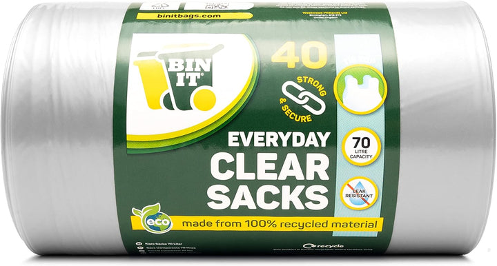 BIN IT Clear Large 70L Strong & Secure Tie Top Recycling Sacks - 100% Recycled LDPE