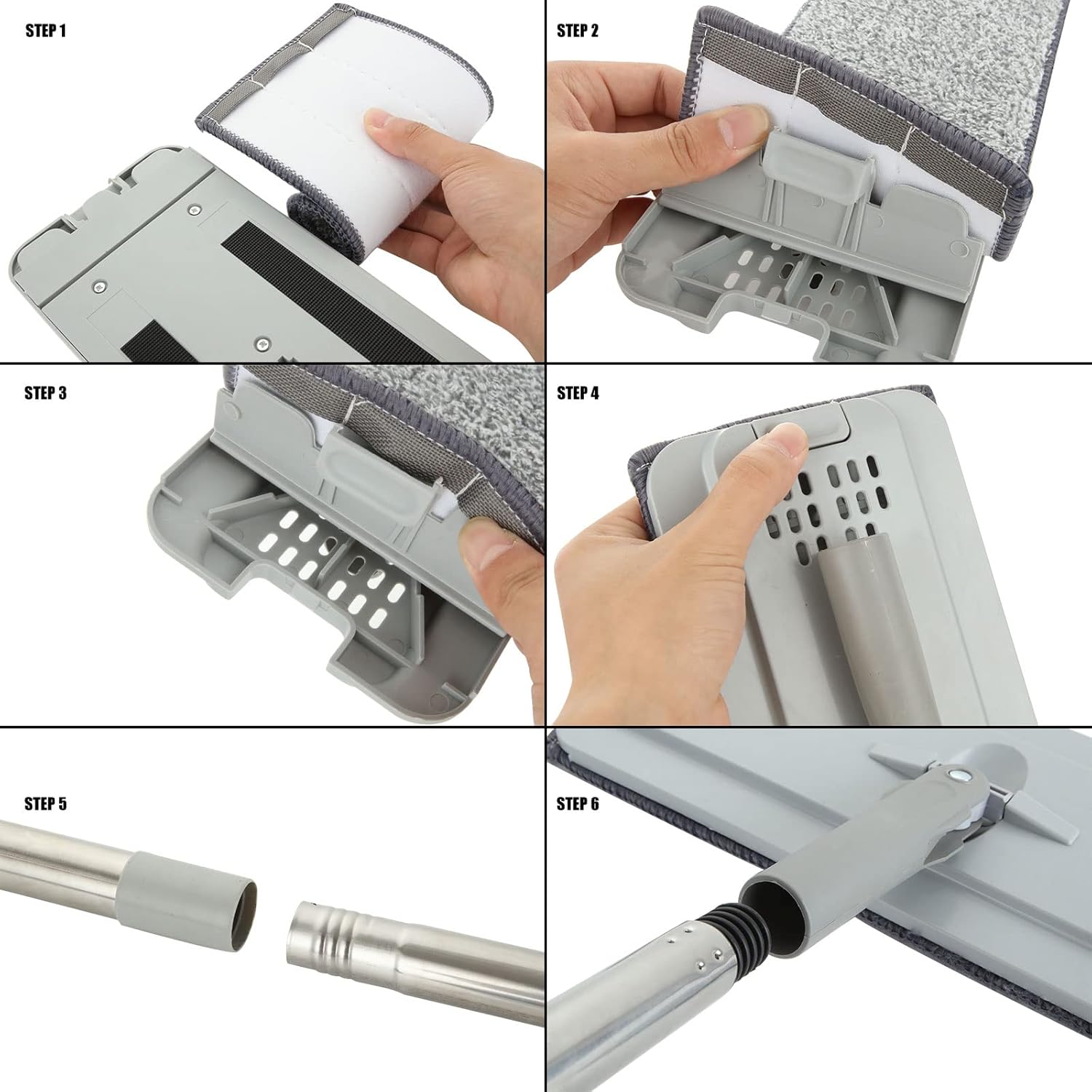 ASelected - Flat Mop and Bucket Set with Hands-Free Squeeze, 10 Reusable Microfiber Pads, Stainless Steel Handle 7