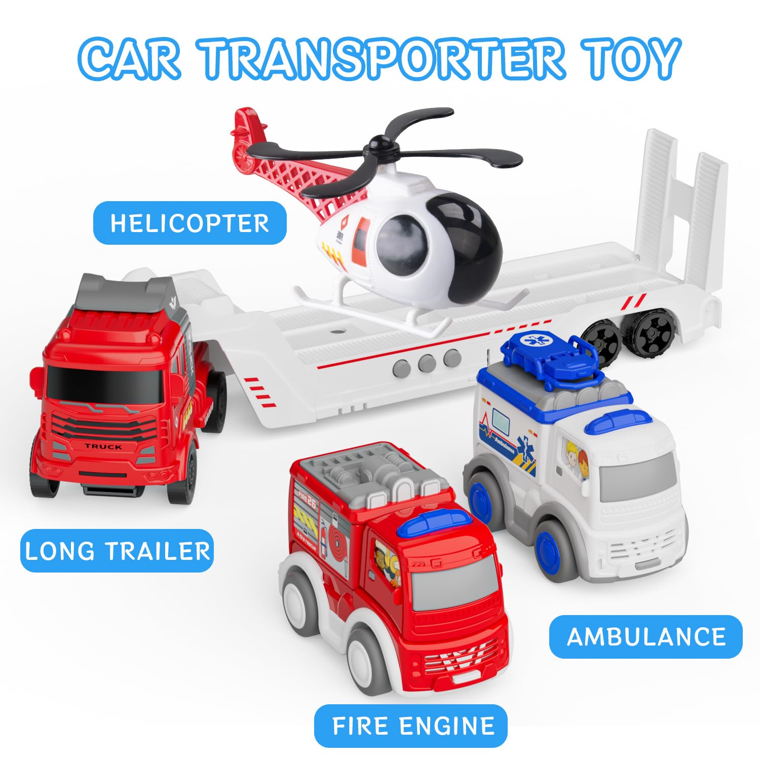 GizmoVine Fire Truck Playset - Vehicle Transporter Toy with Ambulance & Helicopter for Kids 3+ 7