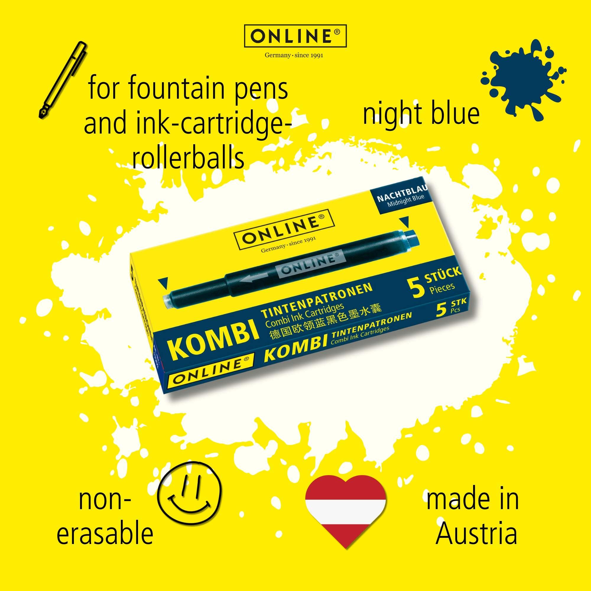 Online Universal Double-Sided Fountain Pen Ink Cartridges - 5 Pack, Nightblue | Compatible with Lamy 3