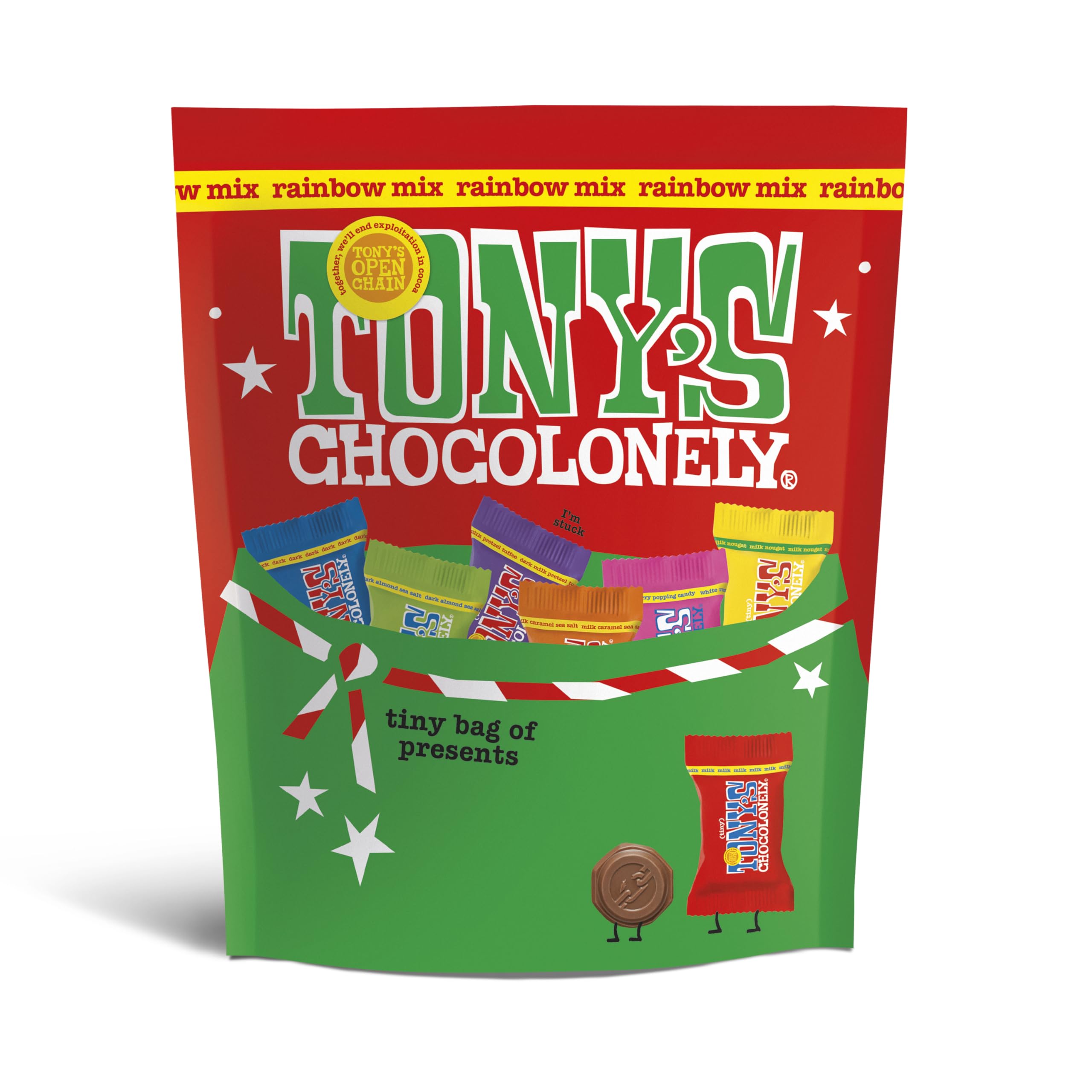 Tony's Chocolonely Tiny Tony's Weihnachtsbeutel – Schokoladengeschenk in verschiedenen Geschmacksrichtungen