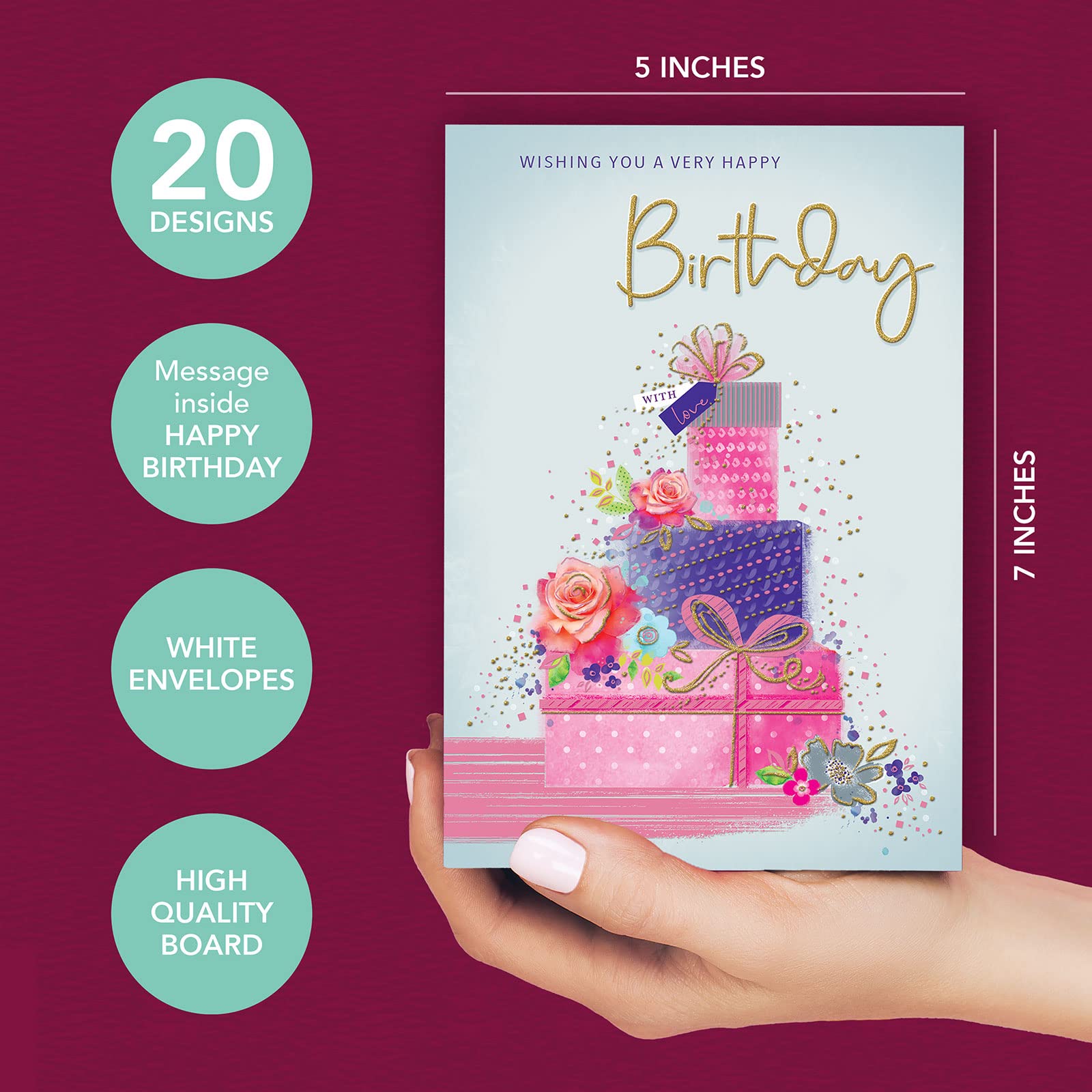 Piccadilly Greetings Assorted Birthday Cards Multipack - 20 Cards, 5x7 Inches, Unique Designs, White Envelopes 4