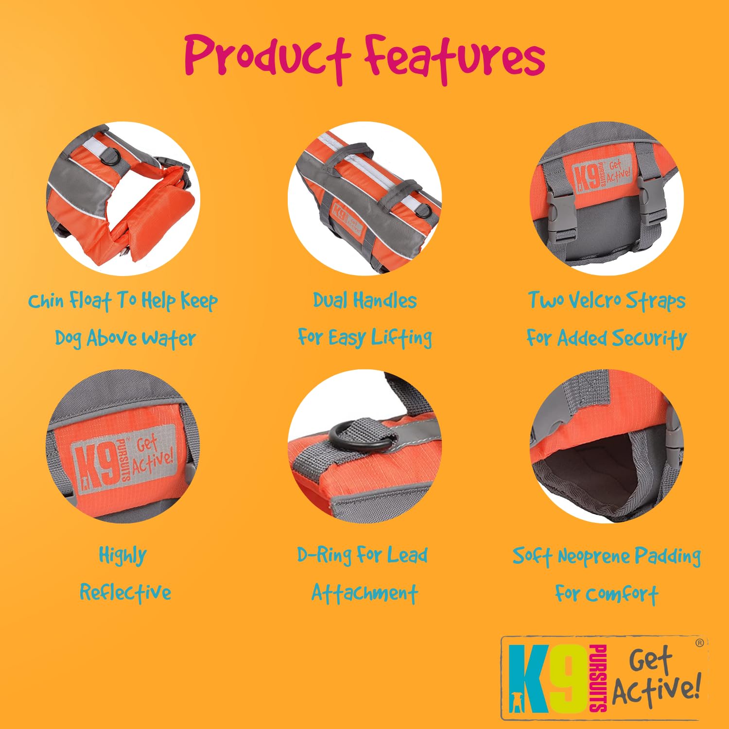 K9 Pursuits High Visibility Life Jacket - Medium Size | Water Recovery Handle | Reflective Accents 6