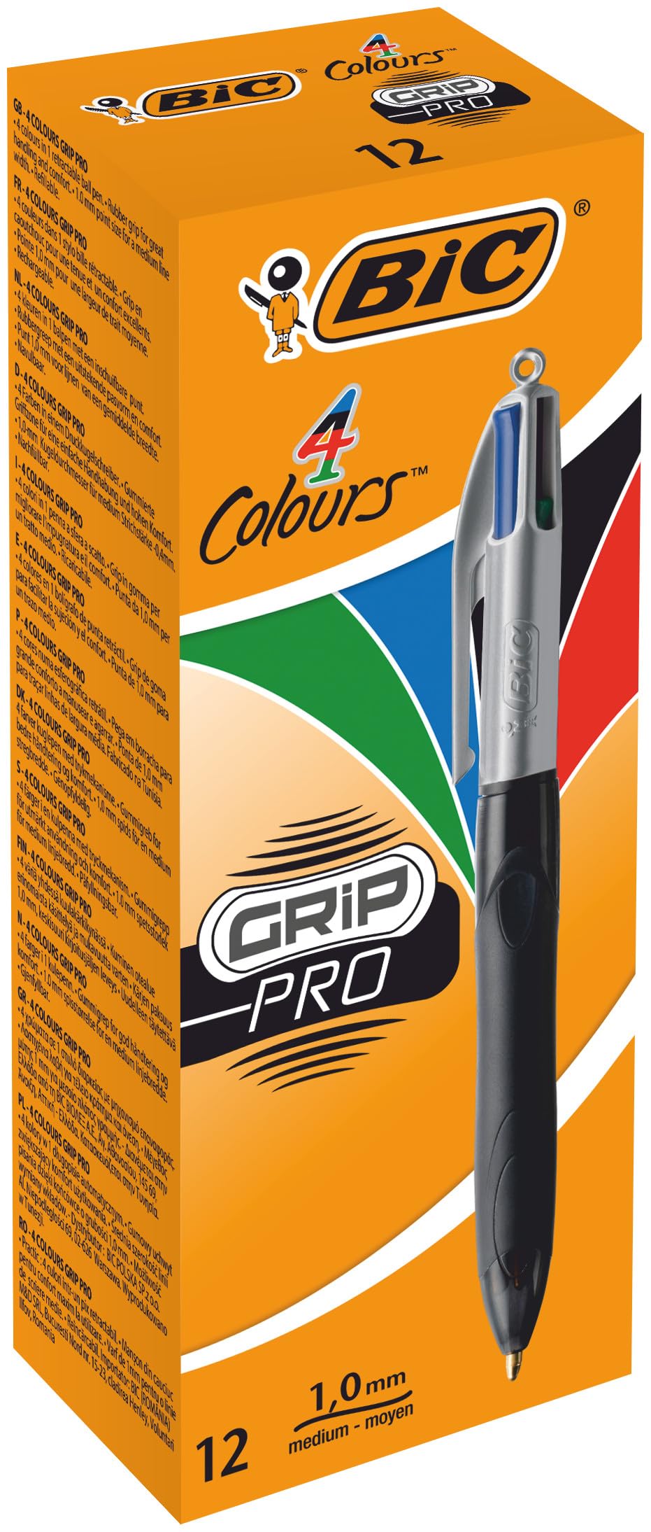 BIC 4 Colours Grip Pro Retractable Ballpoint Pens - Box of 12 - Medium 1.0mm Point - Blue, Black, Red, Green 1