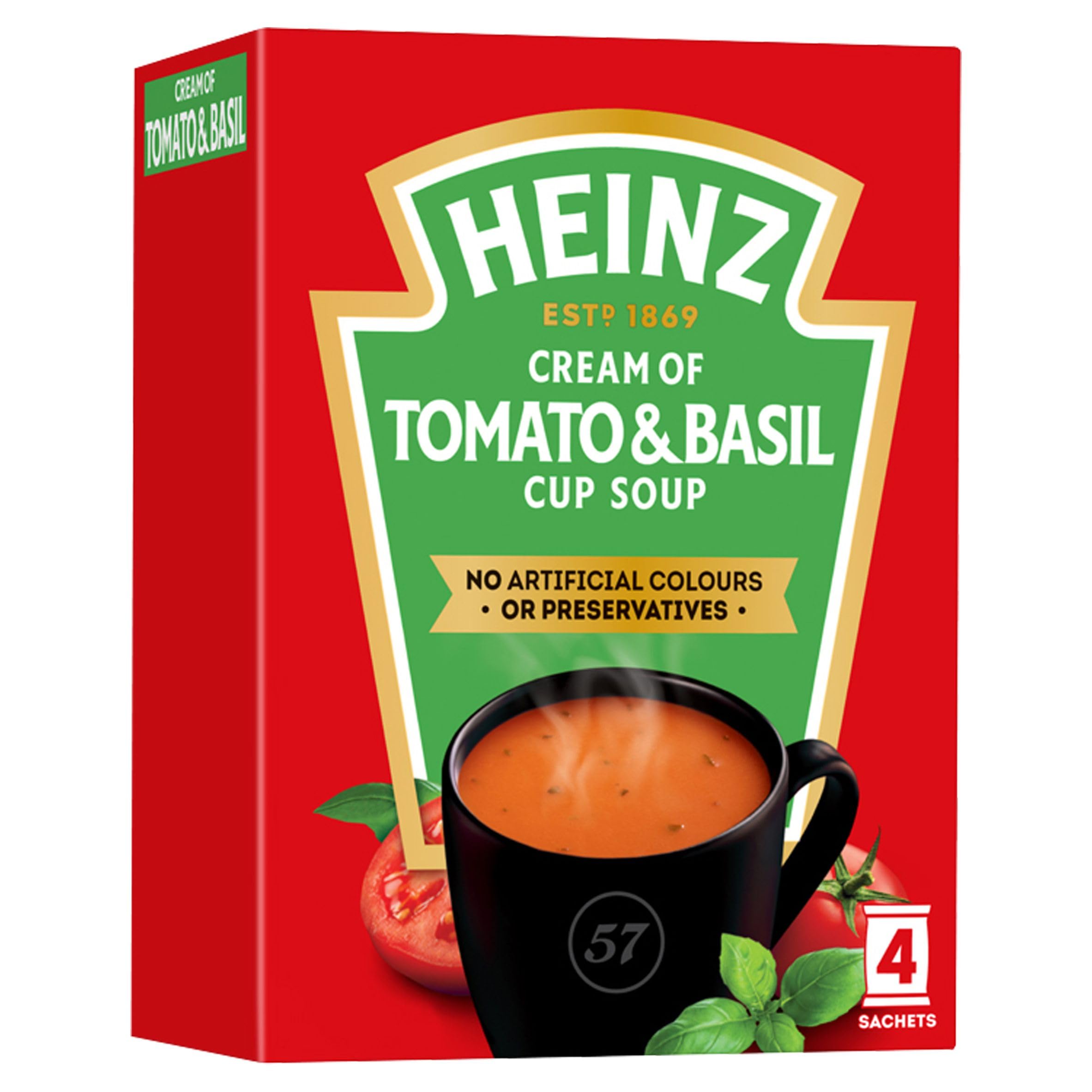 HEINZ Cream of Tomato & Basil Cup Soup Mix - Low Fat, No Added MSG | 4 x 22g Sachets (88g)