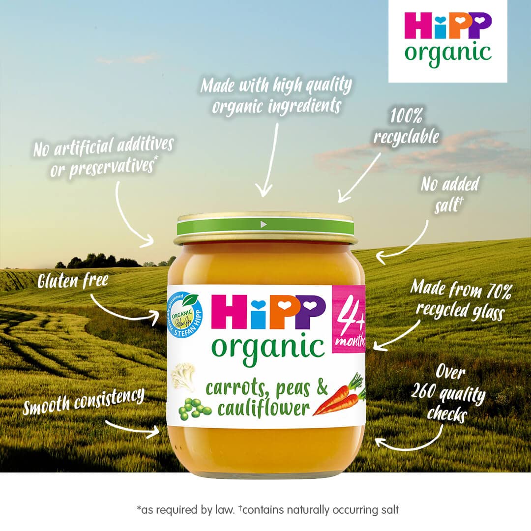 HiPP Organic Carrots, Peas & Cauliflower Baby Food Jar 4+ Months 125g (Pack of 2)