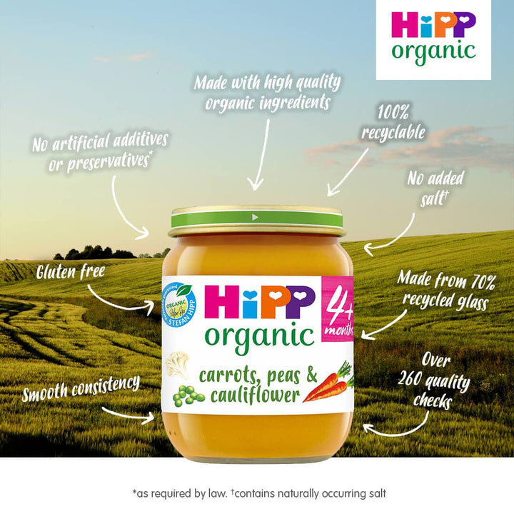 HiPP Organic Carrots, Peas & Cauliflower Baby Food Jar 4+ Months 125g (Pack of 2)