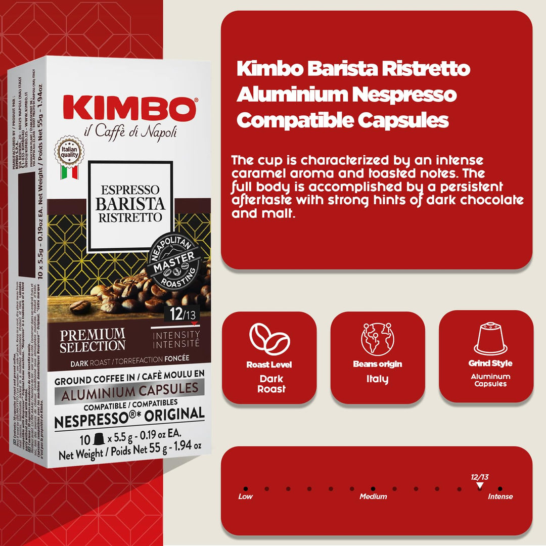 Kimbo Espresso Barista Ristretto Coffee Capsules (10 Aluminium Pods) | Nespresso Compatible | Dark Roast Italian Coffee