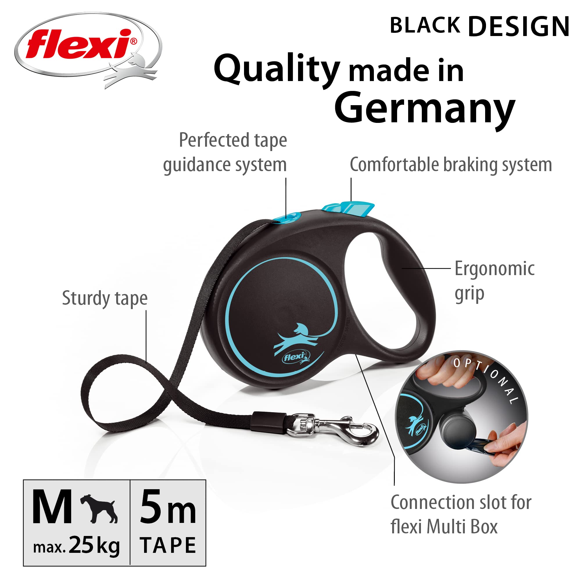 flexi Black Design Retractable Dog Lead - Medium Size, 5m Tape, For Dogs up to 25kg/55lbs | Blue