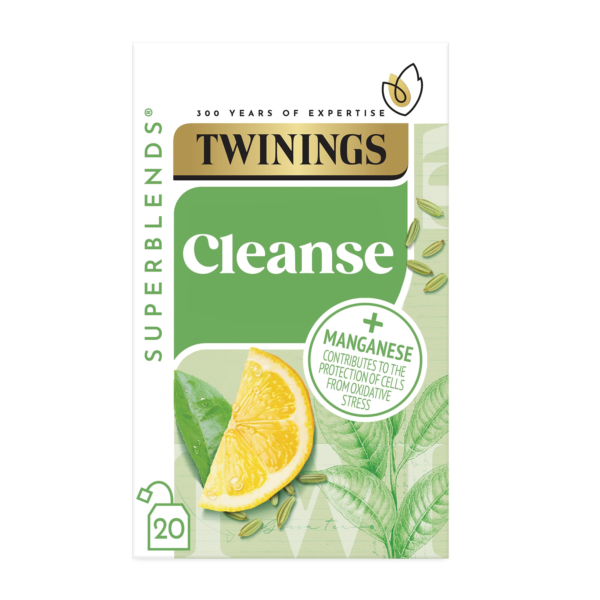 Twinings Superblends Cleanse Tea – Grüntee-Kräuteraufguss mit Matcha-, Zitronen- und Fenchelsamen, 20 biologisch abbaubare Teebeutel