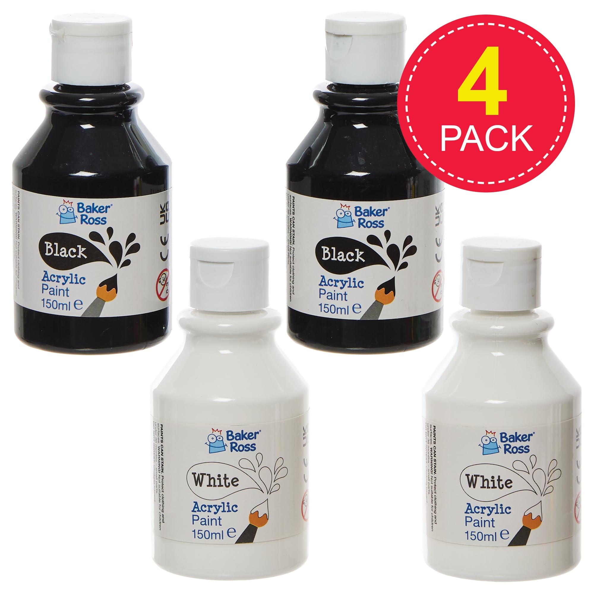 Baker Ross Black & White Acrylic Paint Pack - 4 x 150ml Bottles, Water-Based Washable Paint