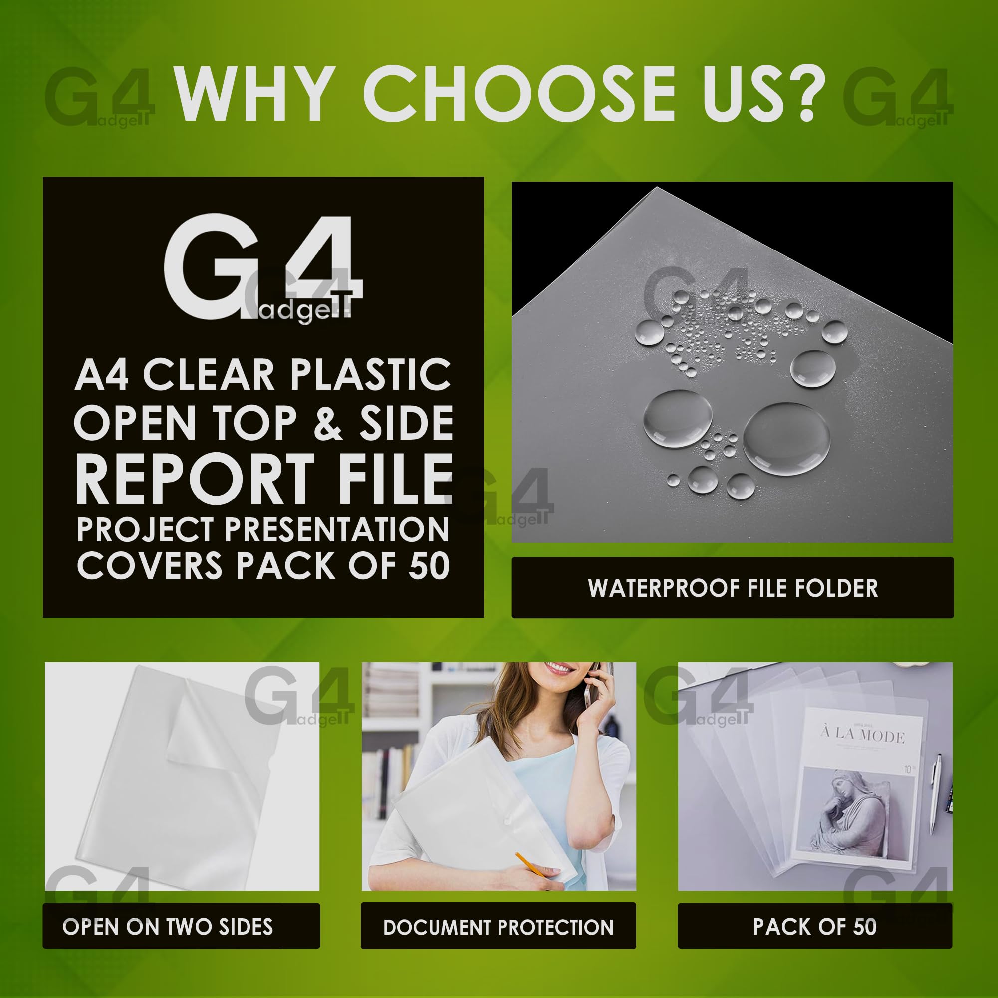 G4GADGET Heavy Duty A4 Plastic File Folders - Open Top & Side | Pack of 50 | White PP