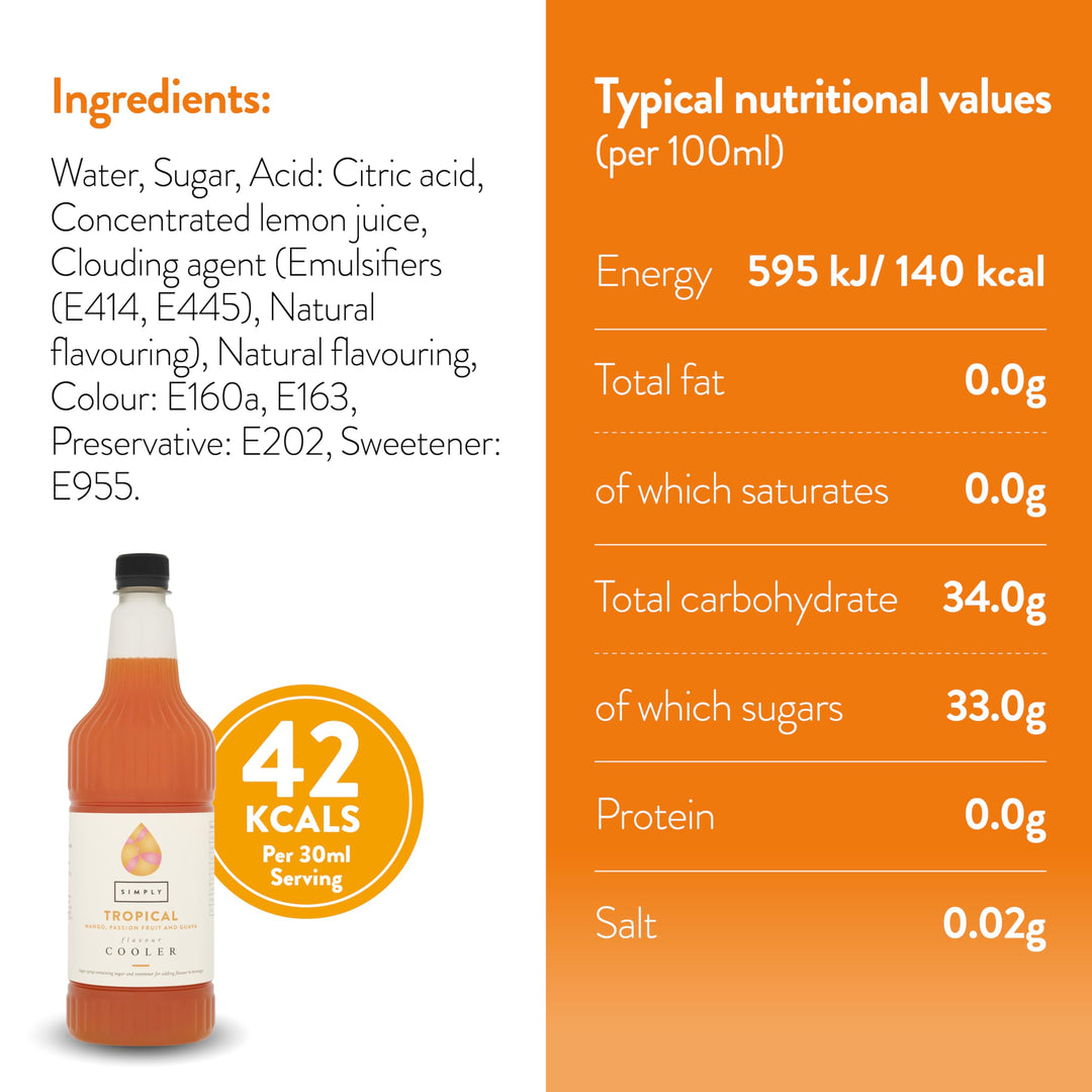 Simply Tropical Cooler Mango Passion Fruit Guava Syrup - Vegan & Gluten Free Beverage Concentrate