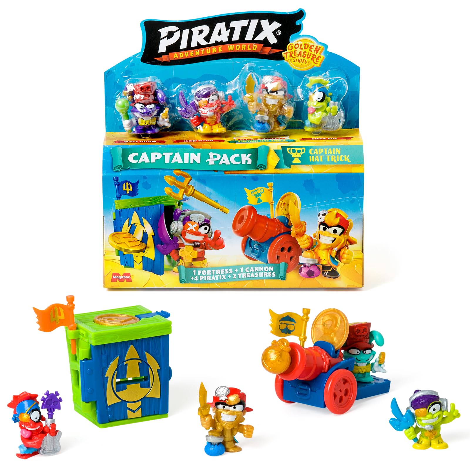 PIRATIX Golden Treasure Series – Captain Pack Hat Trick - 4 Collectible Figures with Fortress, Cannon & Exclusive Treasures 1