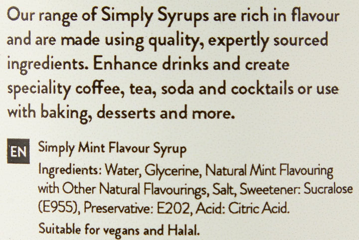 Simply Sugar Free Mint Syrup, Low Calorie, Vegan & Nut Free Flavoured Syrup