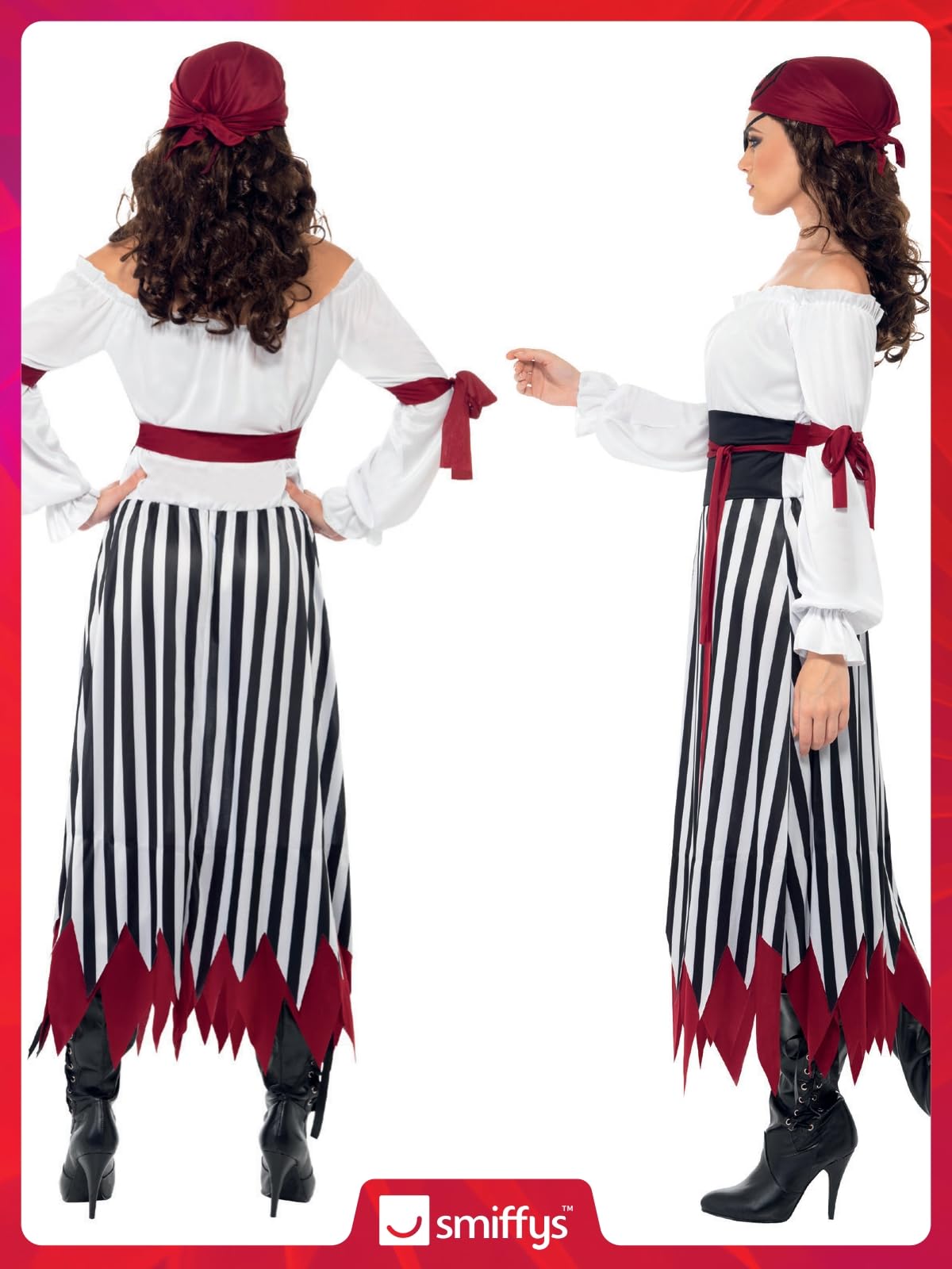 Smiffys Pirate Lady Costume - Black & White Dress with Arm Ties, Belt & Headpiece, Size L (UK 16-18) 6