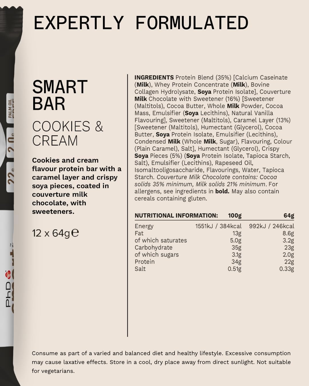 PhD Nutrition Smart Protein Bar Low Calorie, High Protein, Low Sugar, Cookies and Cream, 12 x 64g