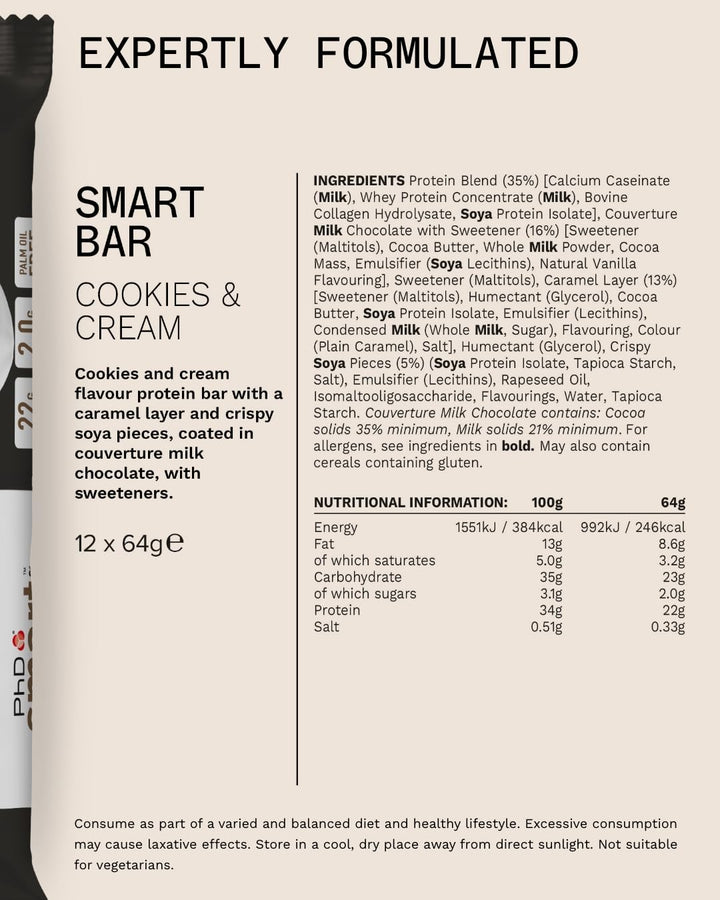 PhD Nutrition Smart Protein Bar Low Calorie, High Protein, Low Sugar, Cookies and Cream, 12 x 64g