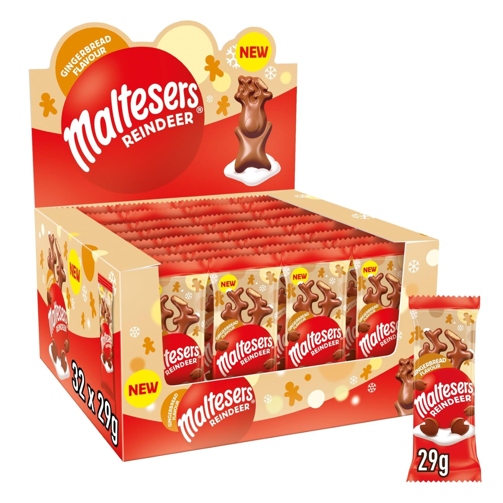 Maltesers Gingerbread Flavour Reindeers, Milk Chocolate with Malt & Honeycomb, 32x29g