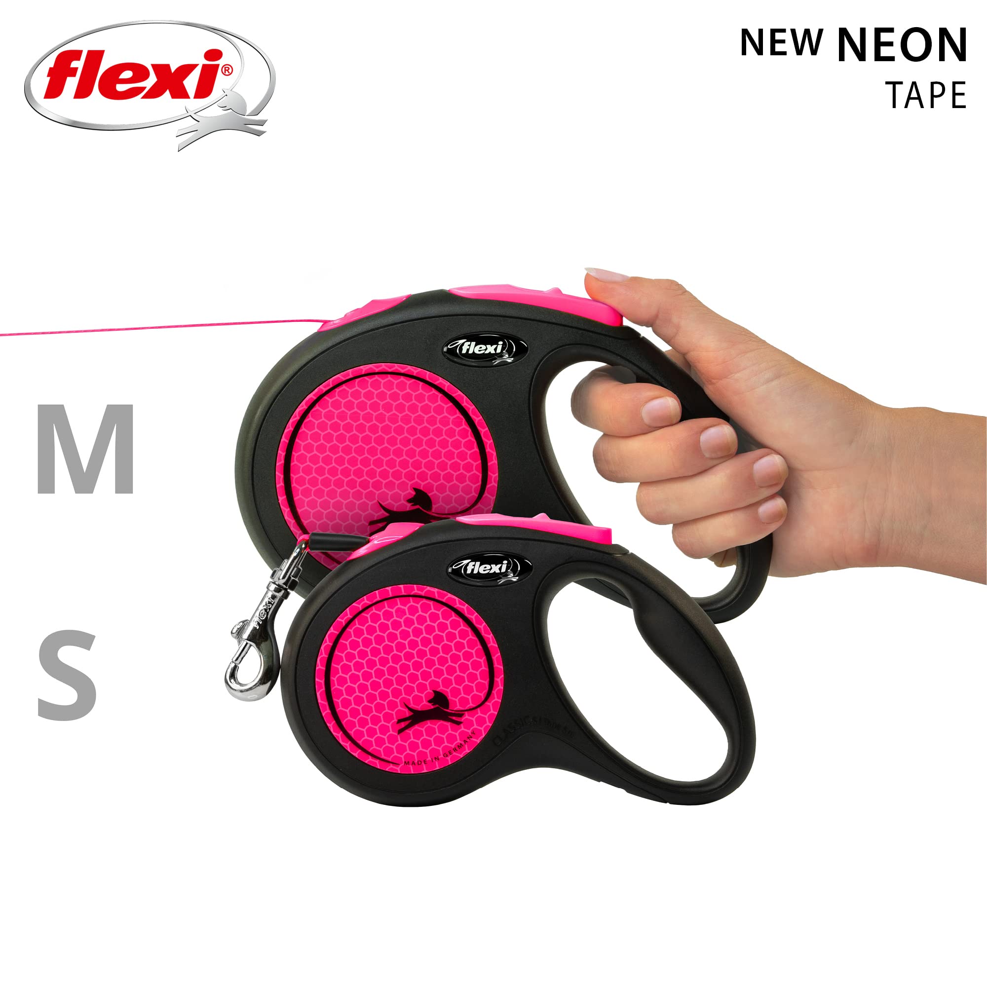 flexi Neon Tape Retractable Dog Lead - 5m Length | Max 15kg | Neon Pink 7