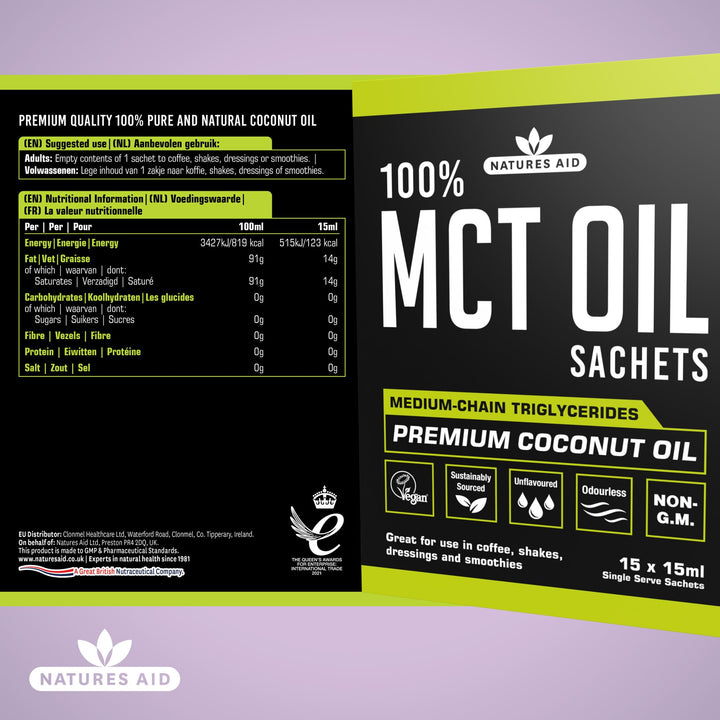 Natures Aid MCT Oil 15 x 15ml Sachets - 100% Pure Coconut Oil for Coffee, Smoothies, Shakes & Dressings - Vegan, Vegetarian, Sustainably Sourced