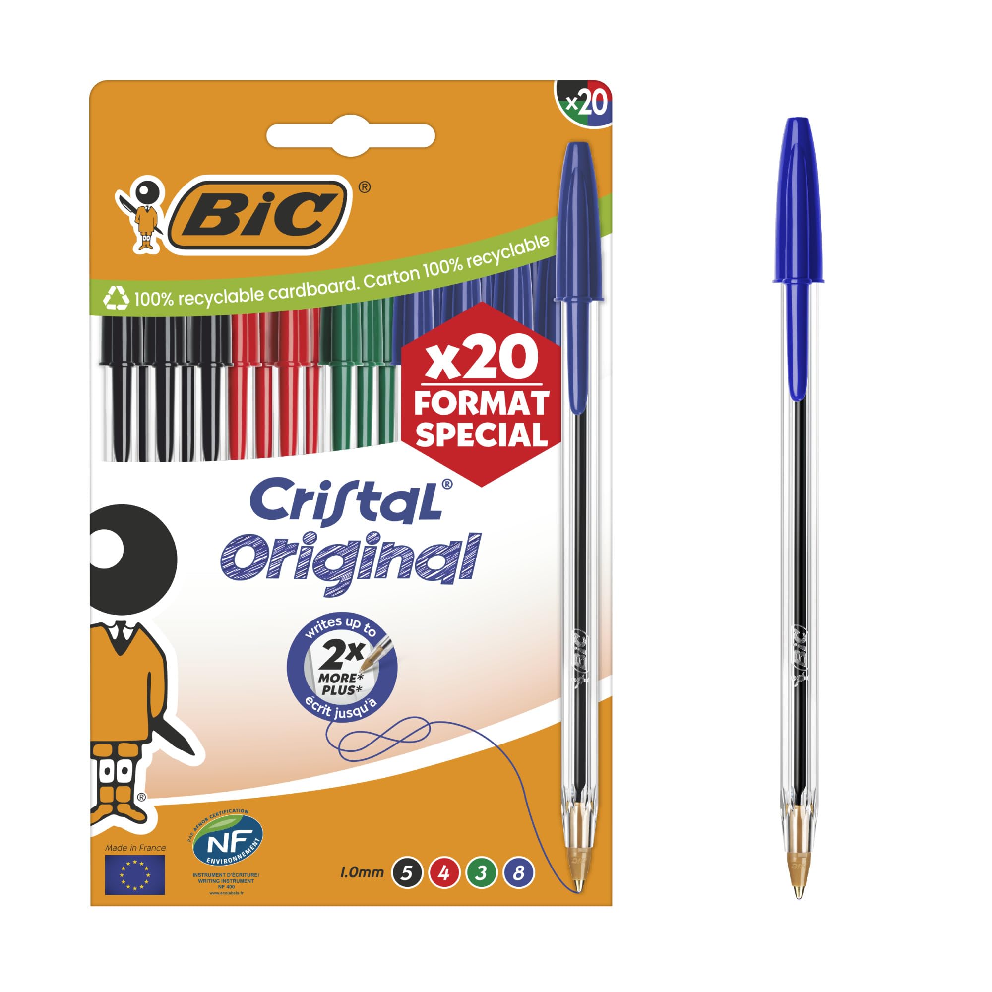 BIC Cristal Original Ballpoint Pens - Medium 1.0mm Point | Assorted Ink Colours | Pack of 20
