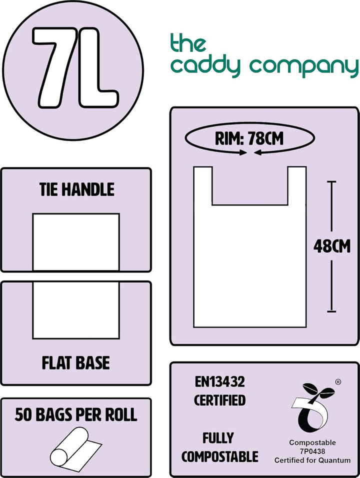 The Caddy Company 7 Litre Tie Handle Compostable Kitchen Caddy Liners, 100 Bags