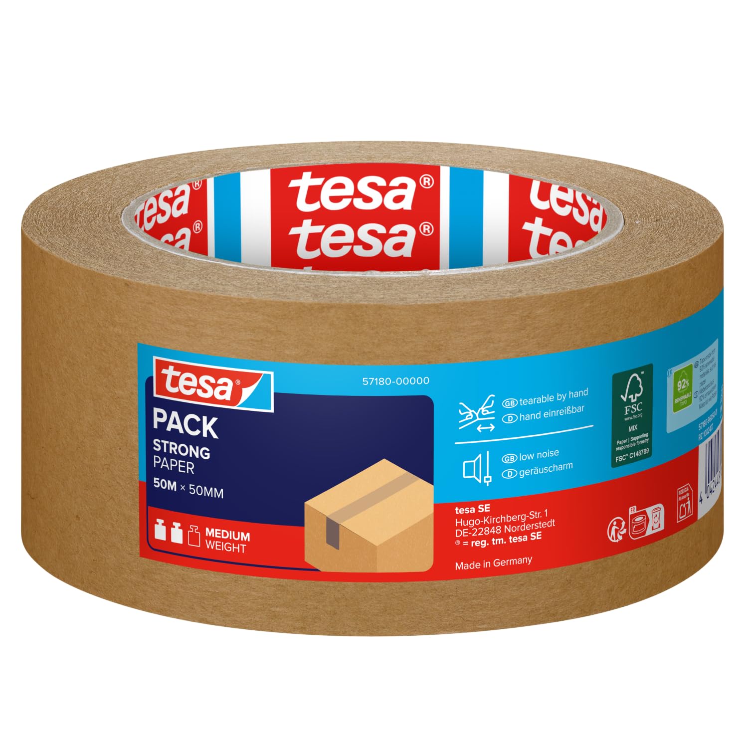 tesa Paper ecoLogo Packaging Tape - Sustainable, Strong Adhesive | 50m x 50mm Brown 1