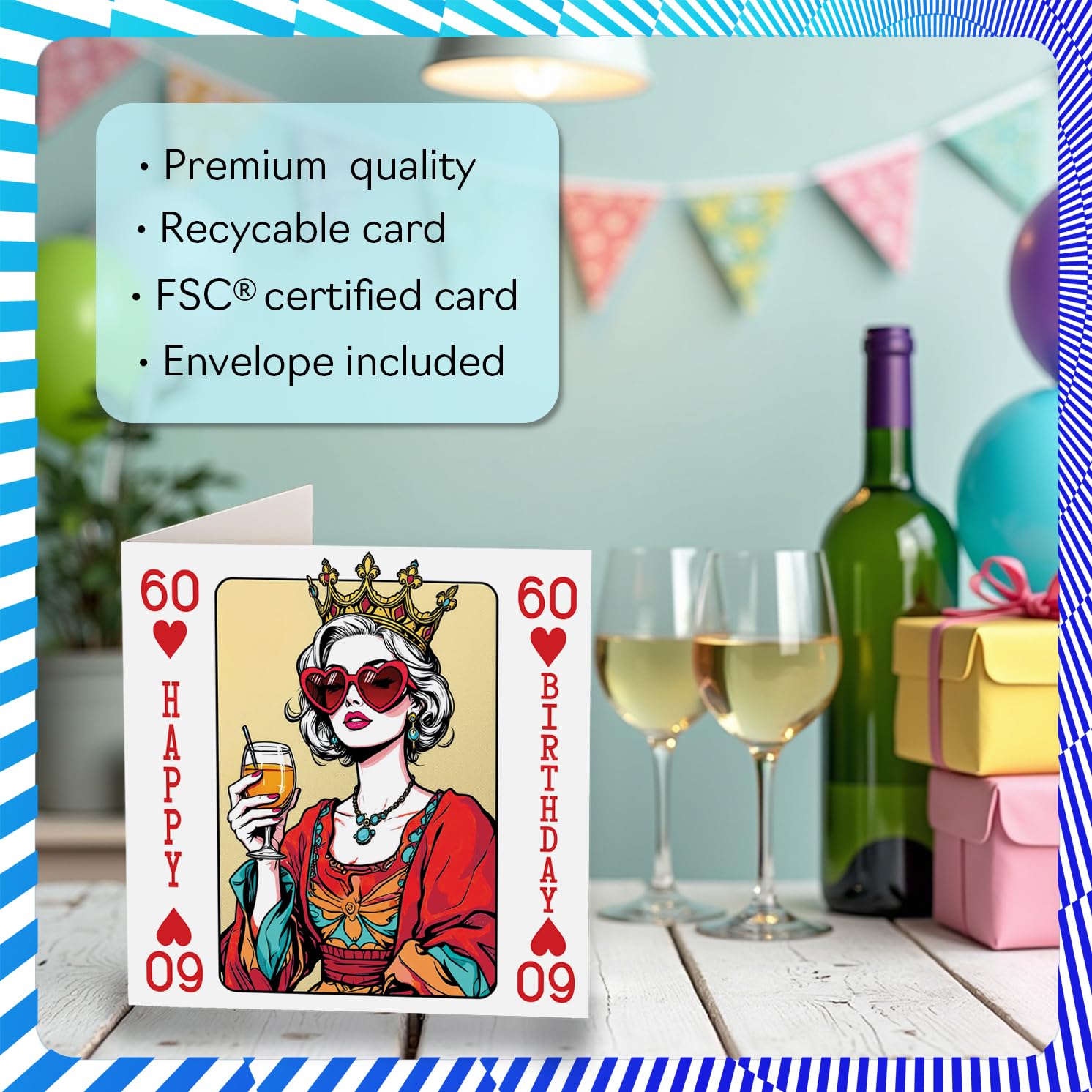 Stuff4 60th Birthday Card for Women - Queen Playing Card Design | 145mm Square | Blank Inside 3